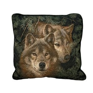 Wolves Tapestry Pillow Vintage Artist Larry Fanning 15" x 15" Rustic Cabin Rare